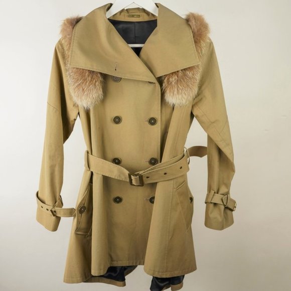 Rebecca Minkoff Runway Jacquelyn Khaki Fox Fur-Trim Trench Coat - Picture 3 of 8